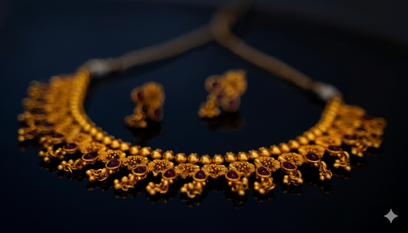 Gold necklace and earring set with ruby-toned stones, close-up studio shot